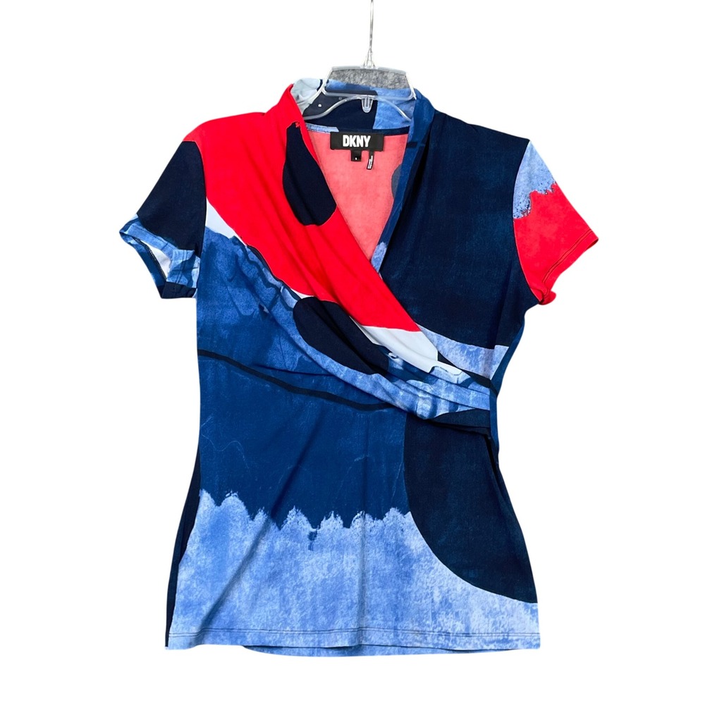 DKNY Wrap Top Womens Small Blue Red Abstract Surplice V-Neck Short Sleeve Jersey